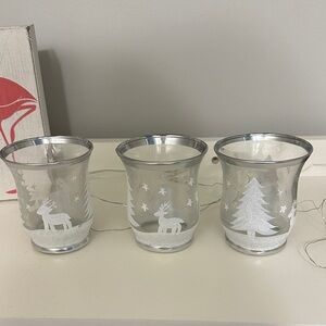 Silver Holiday Candle Holders with Reindeer and Tree Design